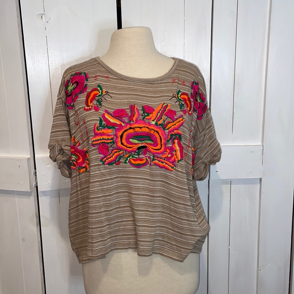Free People Tan Striped Neon Embroidered Top